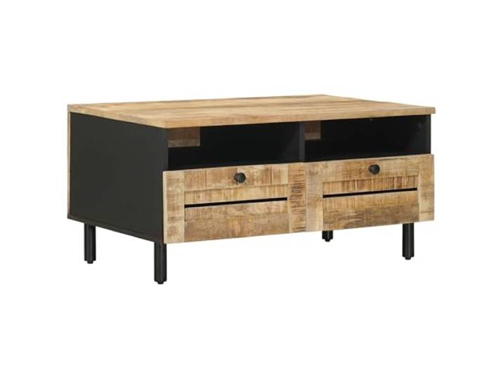 KUTYWEXFM Couchtisch 80x54x40cm Massivholz Mango Wohnzimmertisch Zwei Schubladen mit schwarzen Knöpfen bieten im Wohnzimmer dezenten Stauraum für Utensilien und schaffen stets Ordnung.