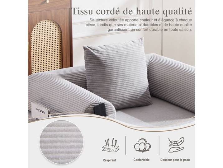 ROVRYN fauteuil modulaire compressé 1 place avec pouf et coussin velours côtelé gris clair