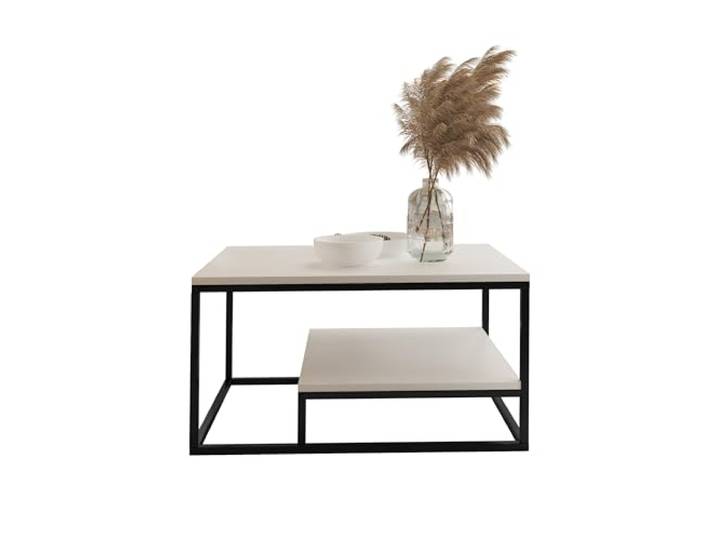 BETTSO - Couchtisch mit Ablagefläche Balance, Tisch mit Stauraum, Beistelltisch, Kleiner Tisch für Wohnzimmer, 90x60x48cm, Tischplatte Weiß, Schwarzer Rahmen