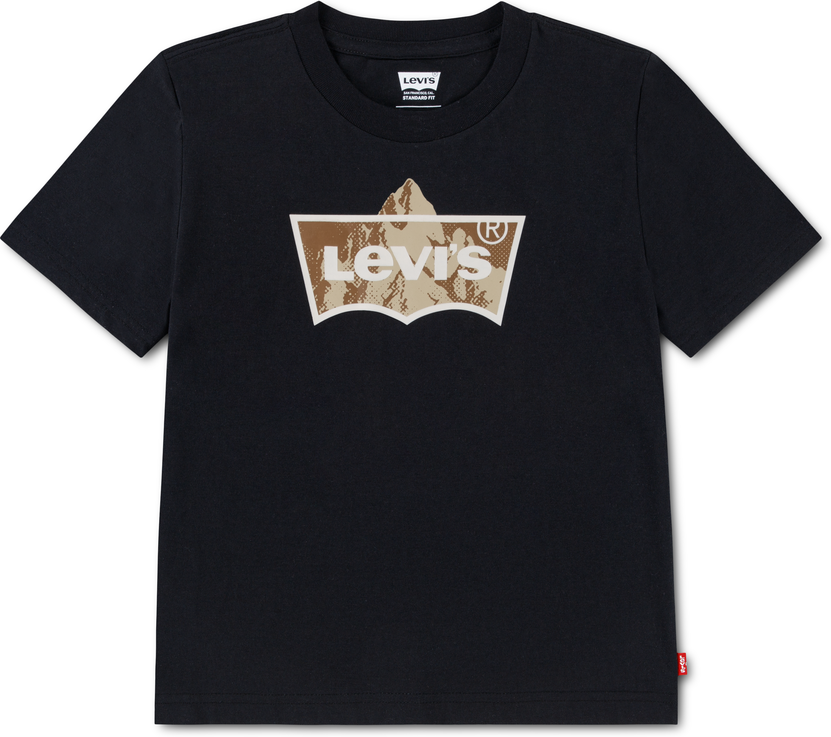 T-Shirt LEVI'S KIDS "LVB TALLEST PEAK BATWING TEE", Jungen, Gr. 2 (92), schwarz (jet schwarz), Single Jersey, Obermaterial: 60% Baumwolle, 40% Polyester, bedruckt, normal, Rundhals, Shirts T-Shirt, mit Batwing-Print - for Boys jet schwarz 2 (92)