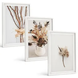 BILDER SET 3er Set - 40x60 cm Weißer Rahmen - Blumenzweige minimalistisch