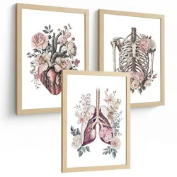 POSTER Set aus 3 Anatomie Florale Vintage Drucke und Wandbilder mit Herz Brustkorb und Lungen Detaillierter Illustrationsstil Größe Rahmenlos A3
