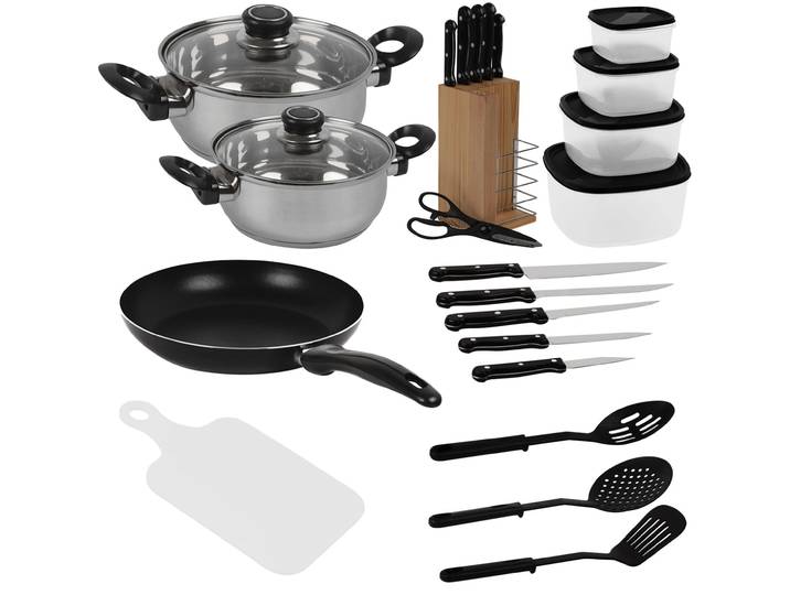 Koch-Erstaustattung, Bratpfanne, Töpfe, Schneidebrett, Kochlöffel, Messerblock, uvm.