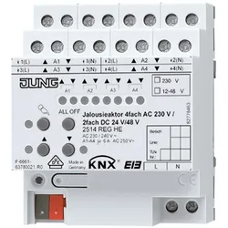Jung 2514REGHE KNX Jalousieaktor 4fach AC 110-230 V, 2fach DC 12-48 V, Behangkorrektur für untere Endlage, REG, 4 TE 2514 REGHE