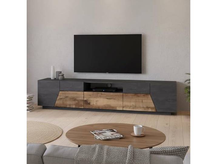 Dmora - TV-Schrank Jacopo, niedriges Wohnzimmer-Sideboard, Fernsehständer-Basis, 100 % Made in Italy, 220 x 43 x 46 cm, Schiefer und Ahorn,