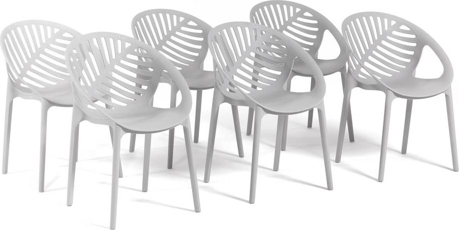 6er-Set stapelbare Stühle aus glasfaserverstärktem Harz für Außenbereich, Garten, Bars und Restaurants - modernes, von Blättern inspiriertes Design - VIVIAN - Hellgrau
