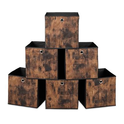 Relaxdays Aufbewahrungsbox, 6er Set, HxBxT: 30x30x30 cm, Stoff, Holzoptik, Griffloch, faltbare Regalboxen, schwarz/braun