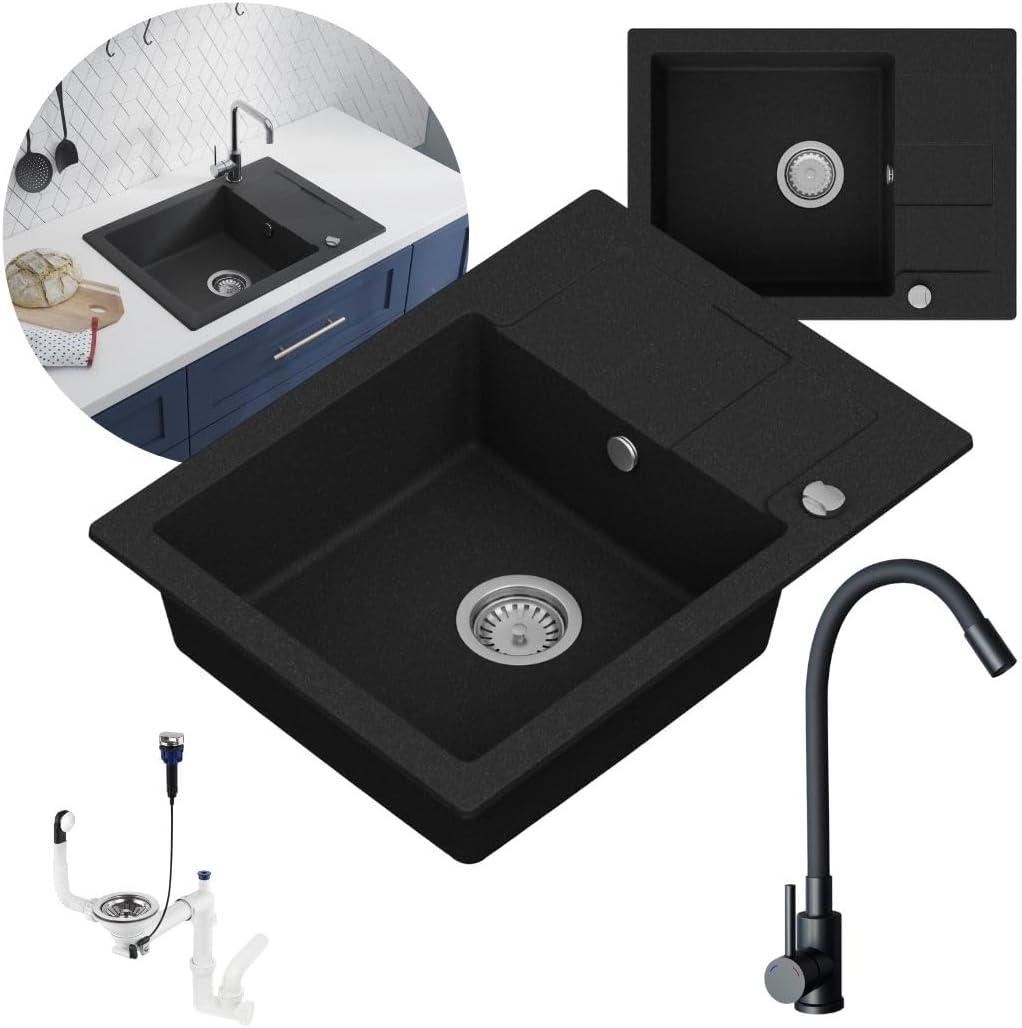 GRANMASTER Quadrato Granitspülbecken Komplett-Set mit Flexibel Küchenarmatur aus Edelstahl und Silikon, Automatischem Syphon und Imprägniermittel - 1 komorige Spüle kratzfest, Modernes Design