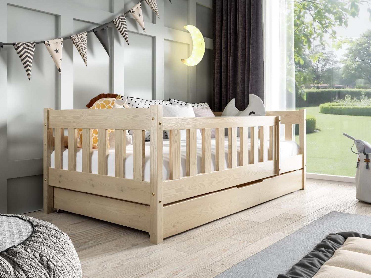MTJMöbel Kinderbett POLA 190x80cm mit Matratze, Hausbett mit Schublade und Schutzbarriere, Kiefernholz