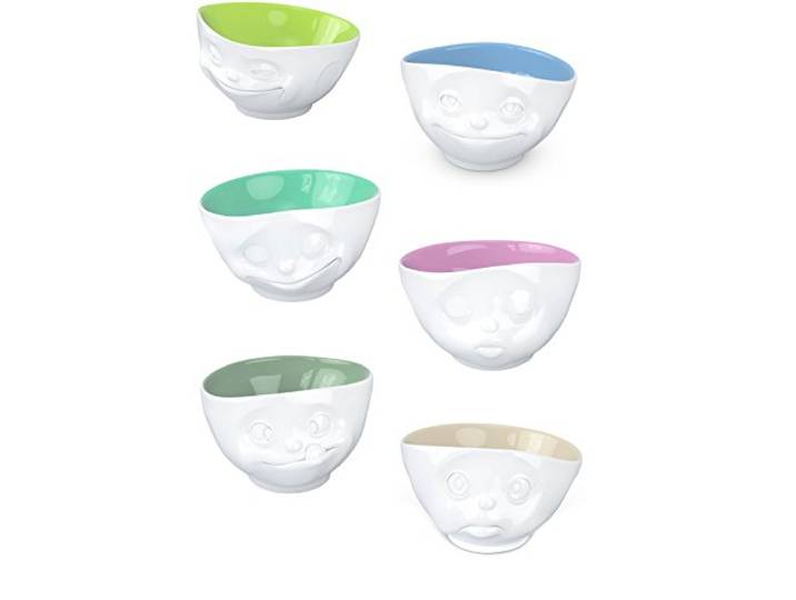Fiftyeight Tassen Müslischalen Set 6tlg innen farbig 500ml :GRINSEND, GLÜCKLICH, SCHMOLLEND, KÜSSEND, VERKNALLT, LECKER