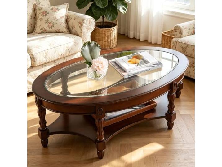 EBOYNSowAprr Luxuriöser ovaler Couchtisch aus handgeschnitztem Massivholz Couchtisch im amerikanischen Landhausstil mit Stauraumfach, Sichere abgerundete Kanten(Glass,44.9x27.6x18.5 in)