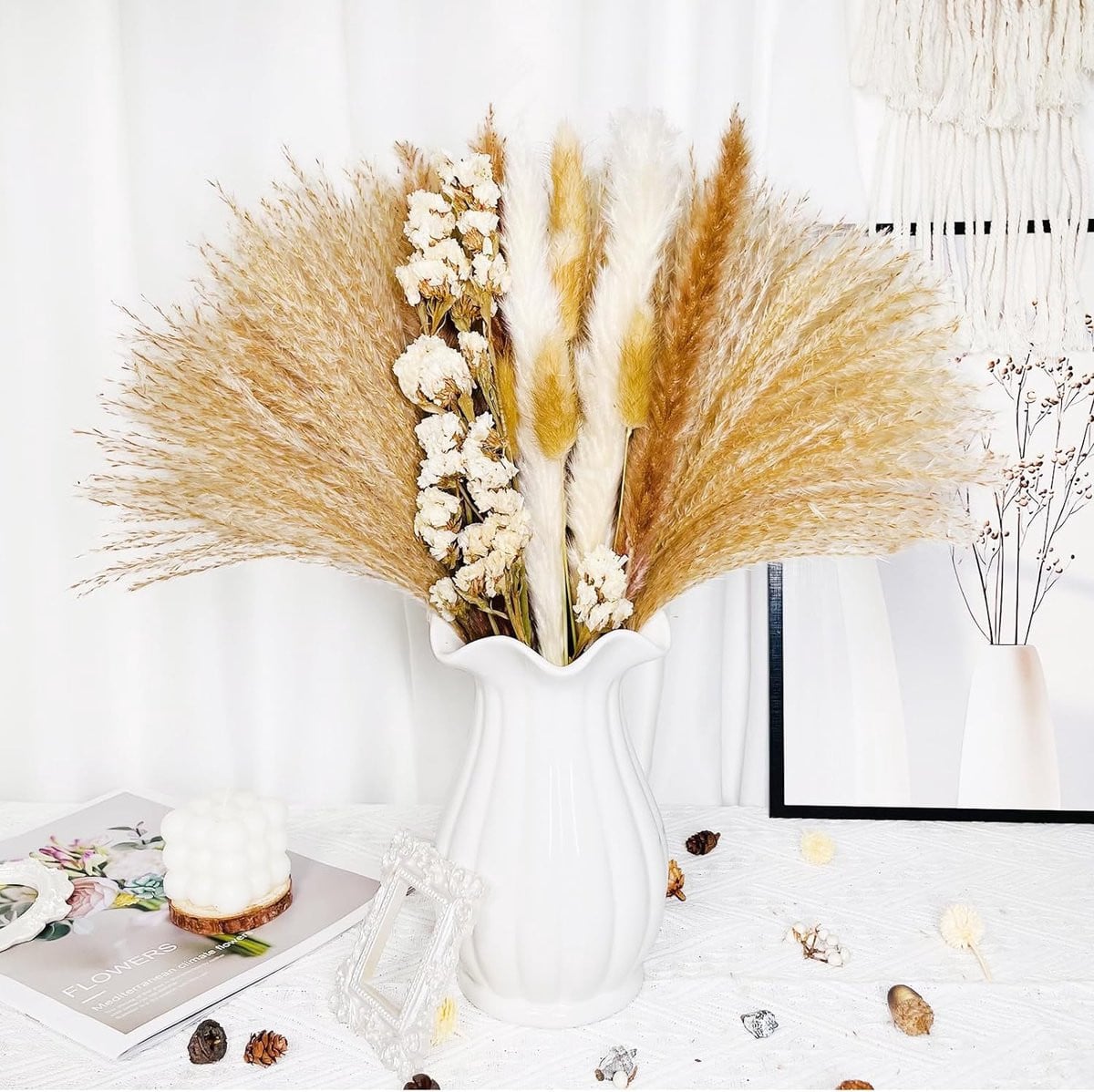 70 stuks Natuurlijk Pampasgras Boeket voor Boho Decoratie, Beige/Multicolour