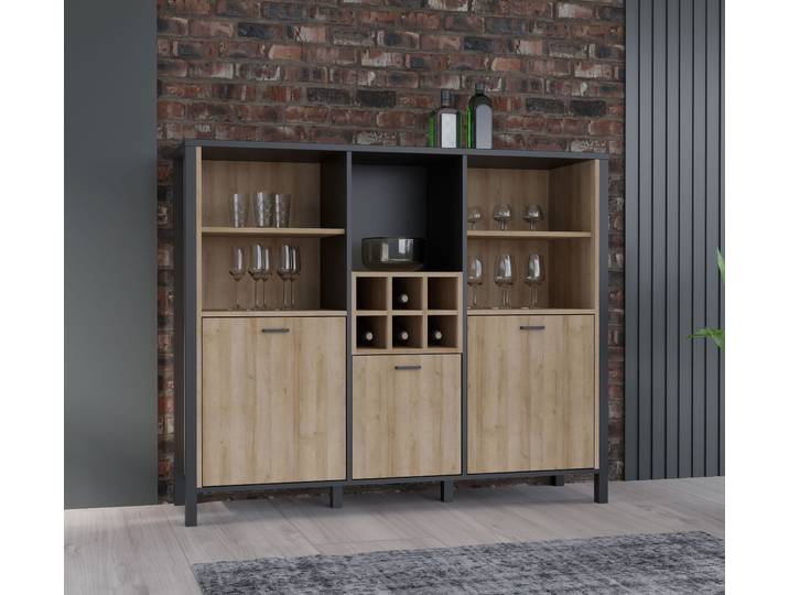 Highboard FORTE High Rock , schwarz (schwarz, riviera eiche), B:139,4cm H:117,1cm T:40,2cm, Sideboards, Highboard, Breite ca. 139,4 cm