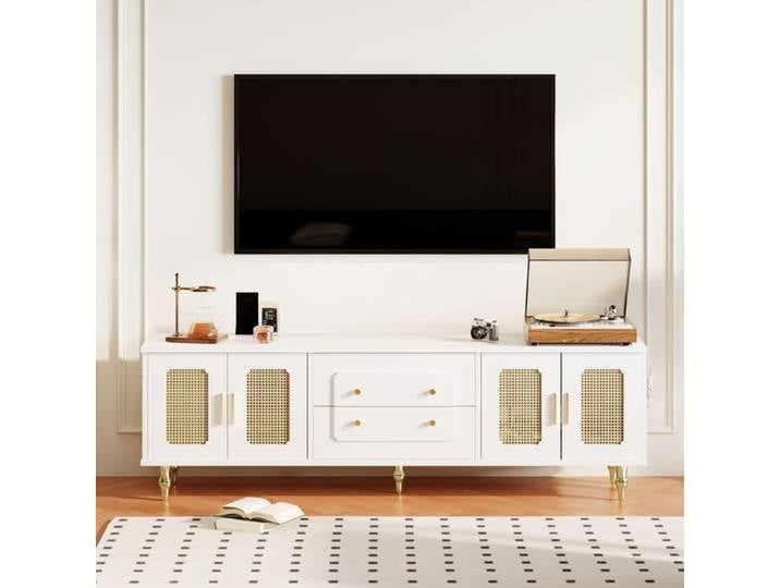 Meuble TV 175x38x55 cm blanc avec portes en rotin et accessoires dorés