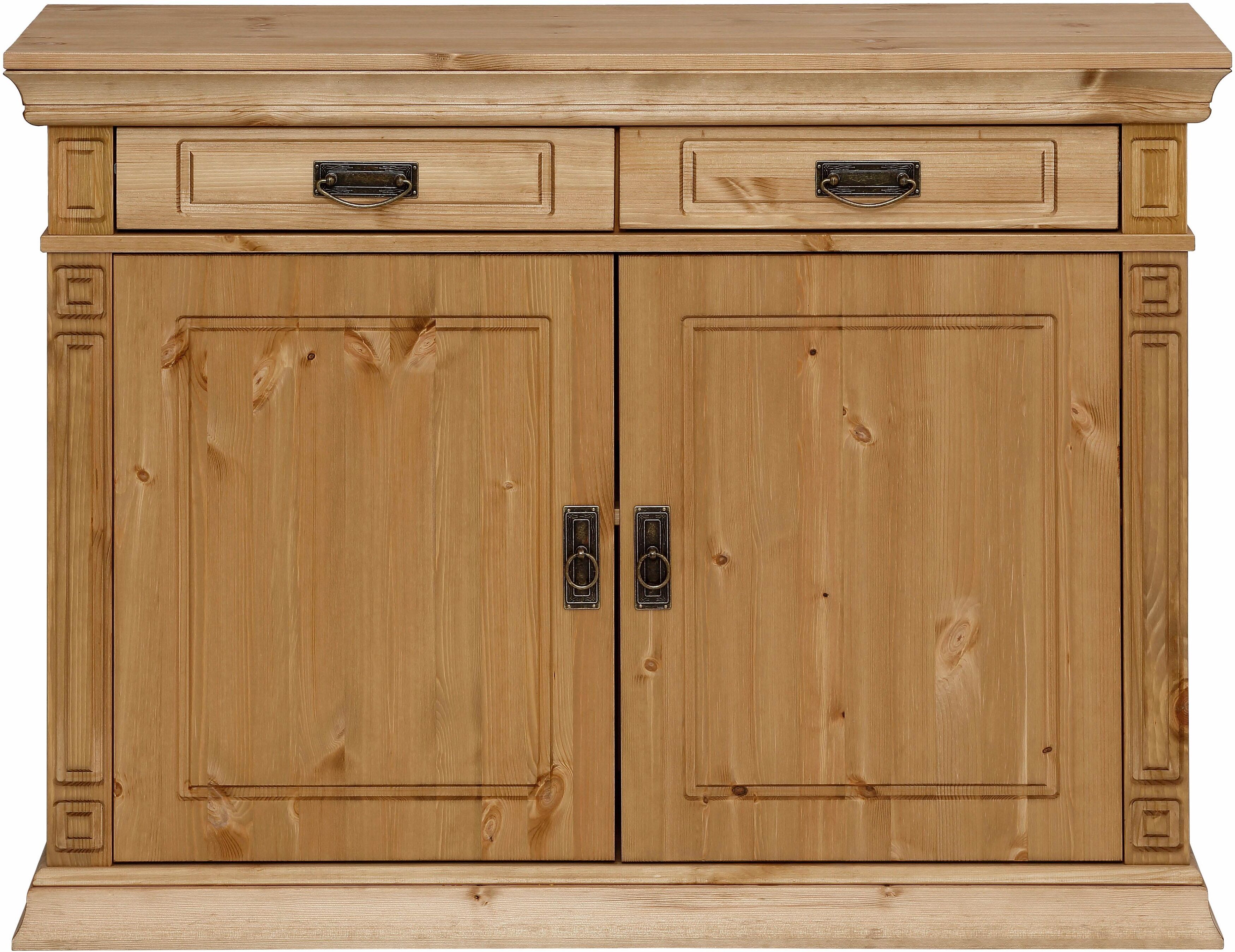 Kommode GOODPRODUCT "Vinales, mit 2 Schubläden, 2 Türen und Messinggriffe im Jugendstil", beige (natur geölt), B:109cm H:83cm T:39cm, Sideboards, Kommode, Messinggriffe im Jugendstil, mit Zierleisten und elegantem Sockel natur geölt B/H/T: 109cm x 83cm x 
