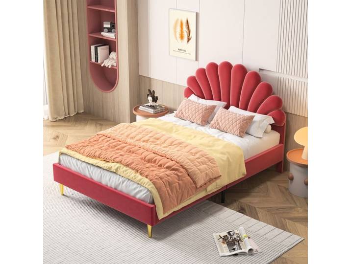 Lit princesse - LUMINARIX - 140x190 cm - Tête de lit en pétale - Tissu velours rouge - 2 places
