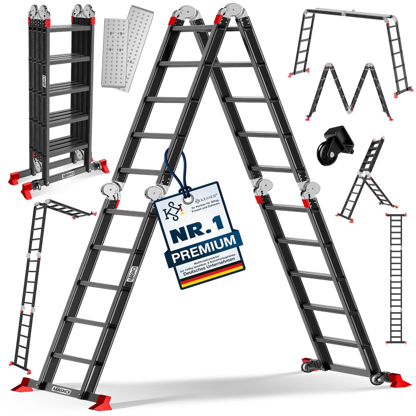MASKO® Leiter Aluminium Mehrzweckleiter 150 Kg belastbar, 6in1 multifunktional mit Verriegelung, Gelenkleiter, Anlegeleiter, beidseitige Steh- und Treppenleiter