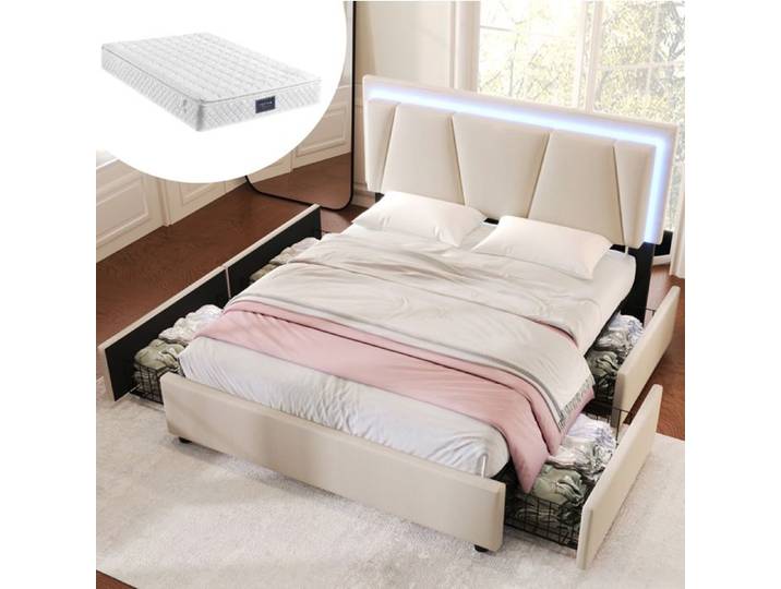 WUVRIE Lit double 140x200 cm avec matelas LED 4 tiroirs tête de lit réglable beige