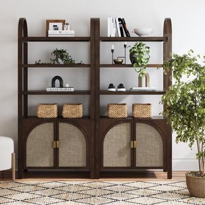 Nathan James Paxton Boho Bookshelf Cabinet, Solid Wood Frame Rattan Bookshelf with Cabinet Base, Arched Bookcase Cabinet