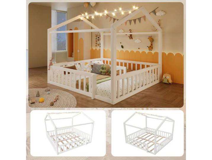 lit combine enfant 90x190 barrière de sécurité lit cabane enfant structure bois massif perles LED