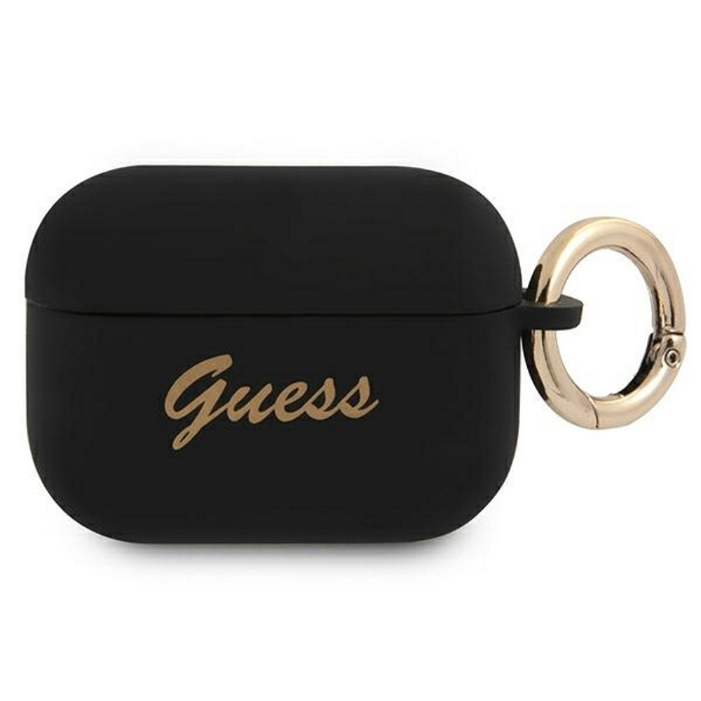 Guess Siliconen Hoes voor AirPods Pro, Zwart/Zwart, Vintage Lettertype