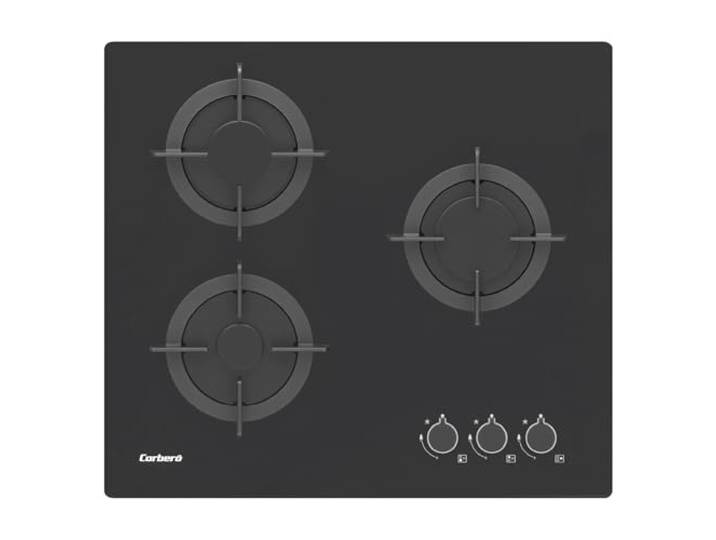 Corberó - Gaskochfeld aus Glas, 60 cm, CPG306N, 5,45 kW, 3 Zonen, seitliche Griffe, Gusseisen-Grill, ohne Rahmen, Umrüstsatz, Sicherheitsventil und automatische Abschaltung, Schwarz