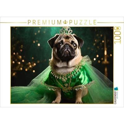 CALVENDO Puzzle Mops trägt elegantes grünes Abendkleid mit Schmuck und Krone | 1000 Teile Lege-Größe 64x48cm Foto-Puzzle für glückliche Stunden,