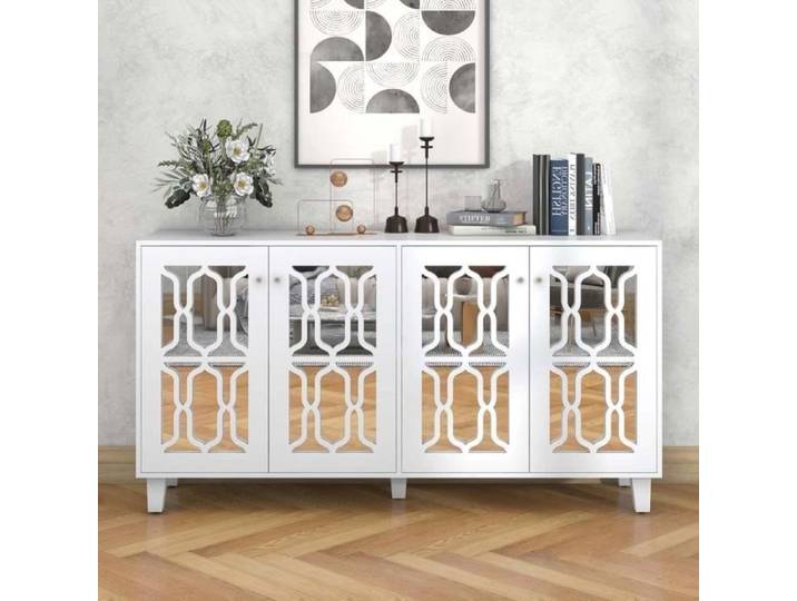 Buffet lgant avec miroir et poignes en cristal - MODERNLUXE - 4 portes - Blanc