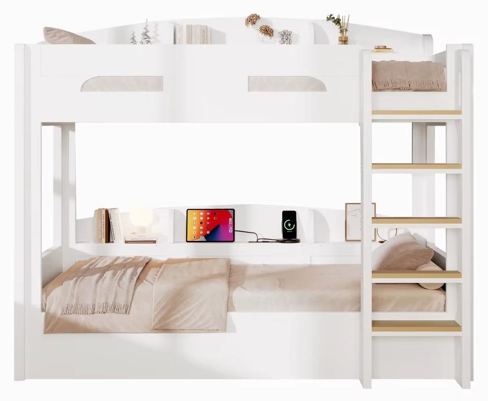 Etagenbett - Kinderbett - USB-Anschluss - Stauraum - 90 x 200 cm - Massivholz/MDF - Weiß