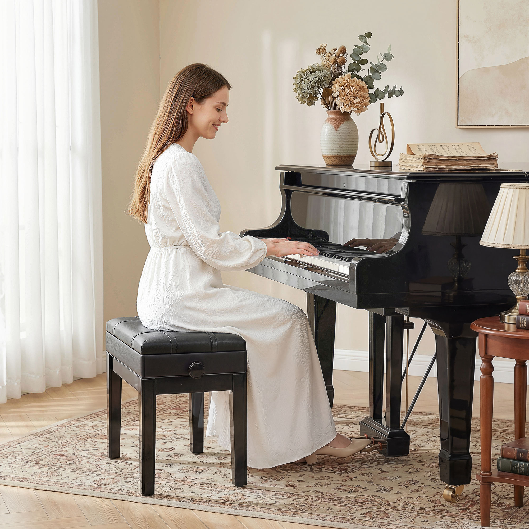 Homcom Sgabello per Pianoforte con Altezza Regolabile e Contenitore in Legno e Finta Pelle, 63x35x46-56cm, Nero
