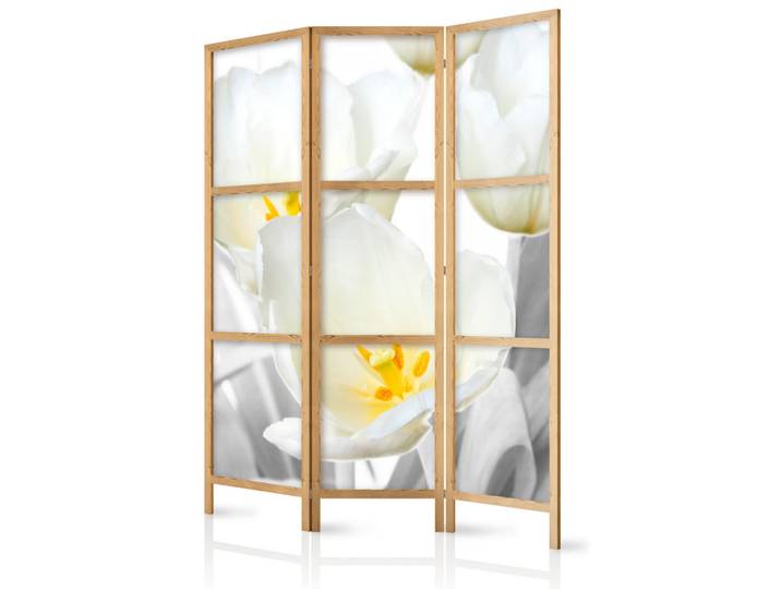 Muralo Paravent Japanischer 3-tlg 135x172 cm Wei e Blumen, Weiß, Holz, Pinie, Floral, Rechteckig, 135x172x3 cm, Wohnzimmer, Raumteiler, Paravents