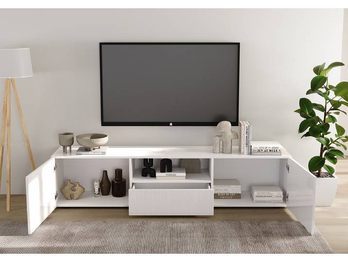 TV-Lowboard Rio Front: MDF Mitteldichte Holzfaserplatte , lackiert Korpus: Spanplatte, lackiert Weiß/Hochglanz Weiß 181cm