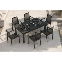 OUTFLEXX Premium Garten-Essgruppe, OUTFLEXX® anthrazit matt, Alu/Textilene, Tisch 180/240x100cm, 6 Stapelsessel