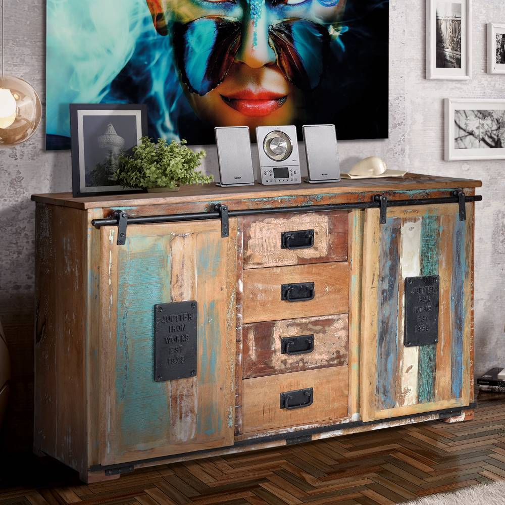 Pharao24.de Sideboard Holzkommode mit Schiebetüren und Metallgriffen