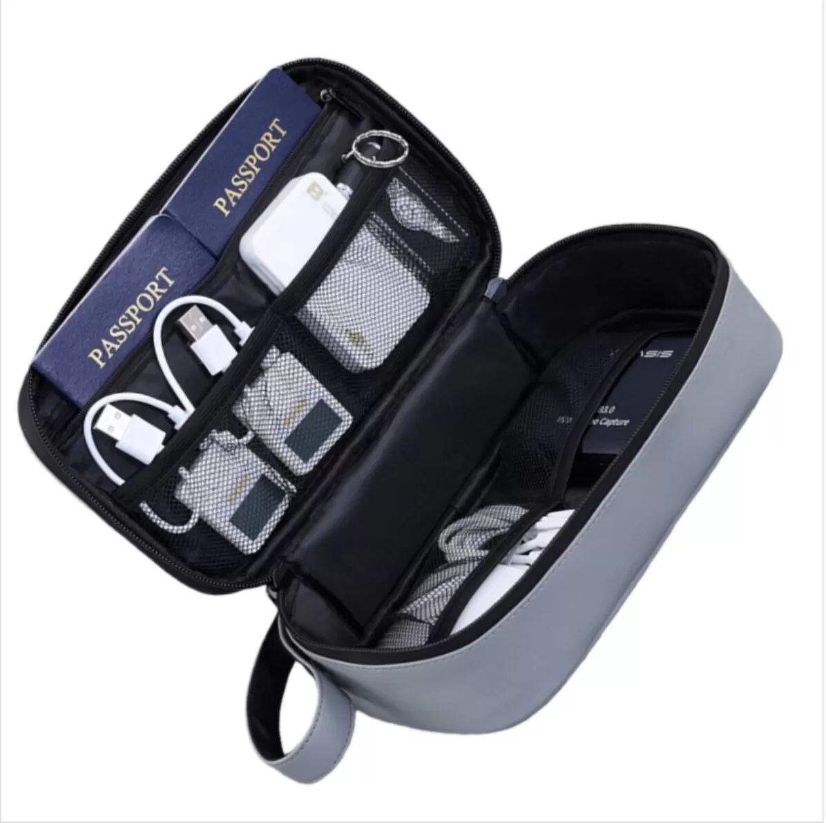INF Travel Portable Electronics Organizer Pouch - Leichte PU-Techniktasche mit Netzfächern und großer Reißverschlusstasche Grau