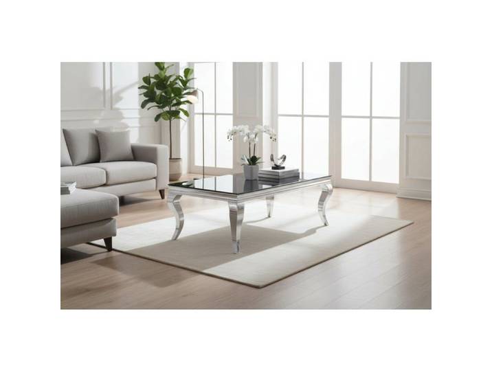 Table Basse BAROQUE Rectangle Plateau Verre Trempé Noir Pieds Chrome 120x60x45cm