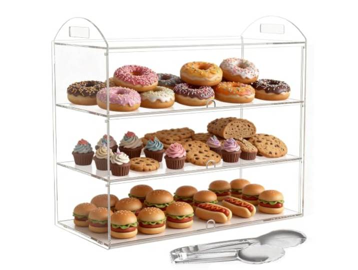 Cityjoy 3-stöckige Bäckerei-Vitrine mit Griff, 59,9 x 30 x 47,2 cm Theke, kommerzieller Gebäckständer, transparente Acryl-Präsentationsbox für Dessert, Donut