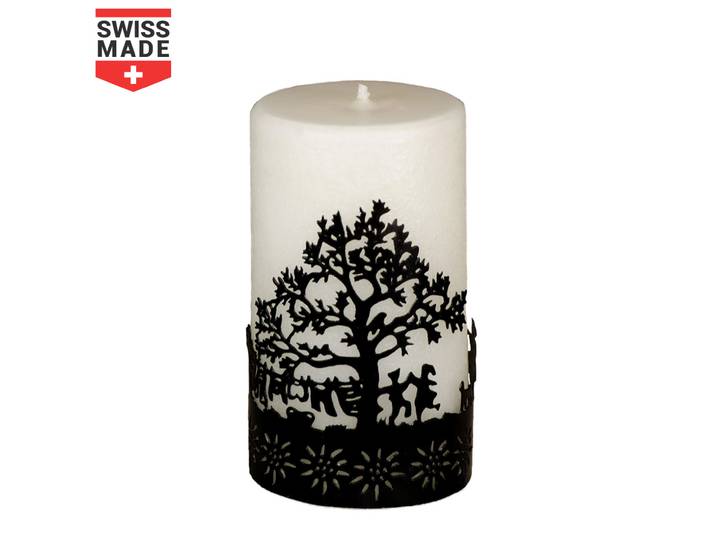 Cremeweisse Kerze mit Metallring Scherenschnitt, 70 x 120 mm, Sujet Baum,