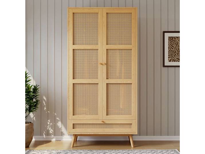 Armoire penderie 2 portes 90x45x183 cm avec tringle rangement bas abattant et rotin panneaux particules + rotin PE naturel