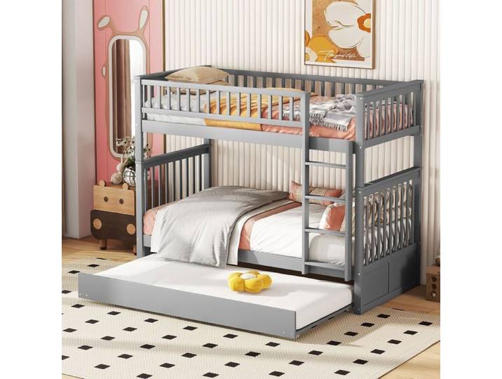 Lit superposé - SOGEU - 90x200 cm - Séparable - Lit gigogne - Pin massif gris