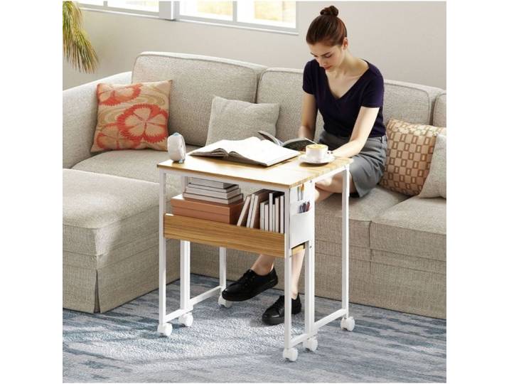 Bureau Pliant Multifonctionnel avec Étagère Poche de Rangement et 6 Roulettes - ELVMI - Bois Naturel et Blanc