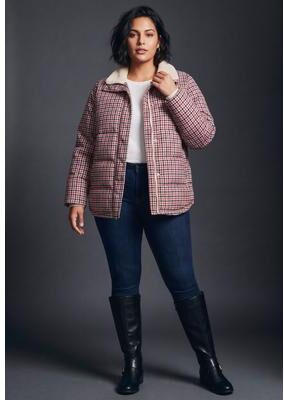 Plus Size Women's Sherpa Lined Puffer by Avenue in Crimson Black Check (Size 26/28)