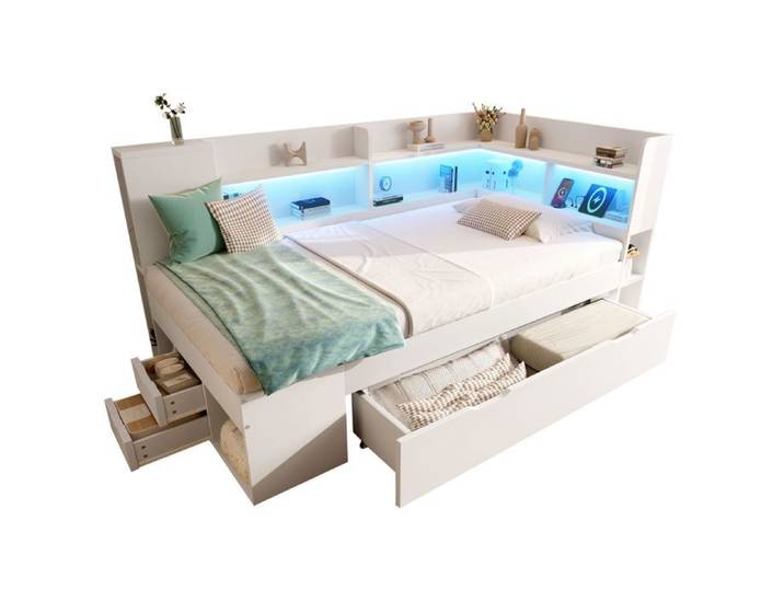 Lit une personne - WESTYLE - 90x200 - LED intégrée - Ports USB/Type-C - Tiroirs & étagères
