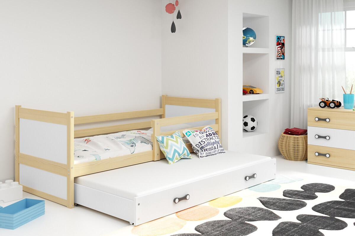 Kinderbett mit Zustellbett und Matratzen 90x200 FERGUS - Kiefer / Weiß