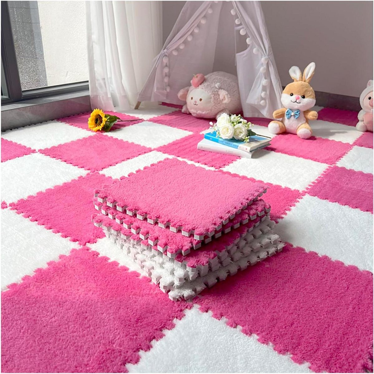Schuim Tapijttegels Pluche Vloermatten Rozerood Wit - 12 stuks - 30 x 30 cm