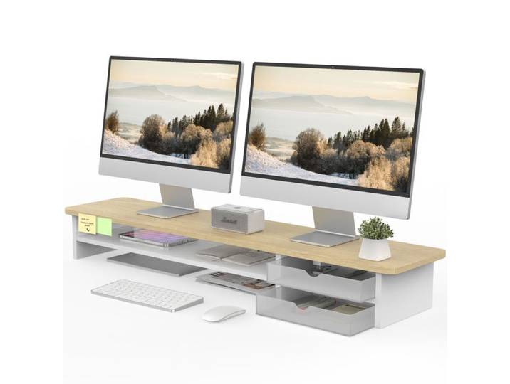Fenge Réhausseur d'Écran d'Ordinateur avec 2 Tiroirs de Rangement en Acrylique Grand Moniteur Stand 08x23 5x14cm Blanc+Chêne