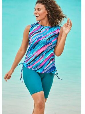 Plus Size Women's Chlorine Resistant Swim Tank Coverup with Side Ties by Swim 365 in Teal Painterly Stripes (Size 18/20) Swimsuit Cover Up