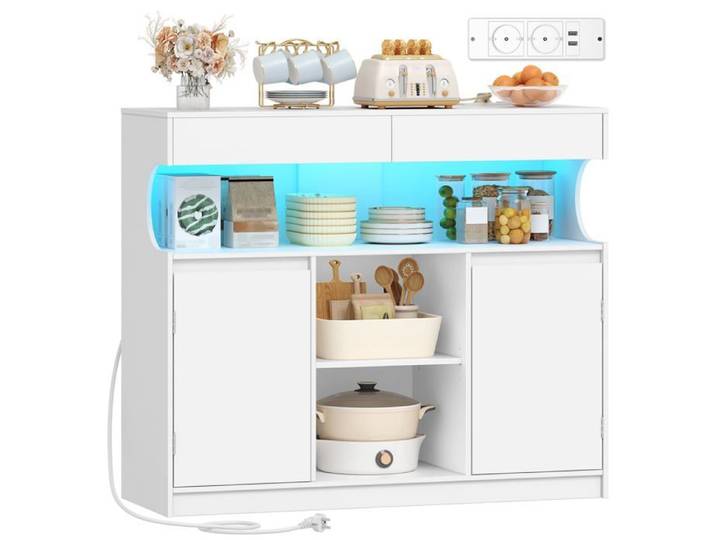 Meuble Cuisine Buffet avec Multiprise et Éclairage LED Blanc Blanc PETIT MEUBLE DE RANGEMENT