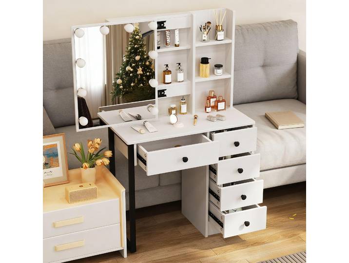 Teousev blanc Dimmable Hollywood LED ampoules miroir maquillage vanité ensemble 5 tiroir rangement organisateur chambre coiffeuse meubles