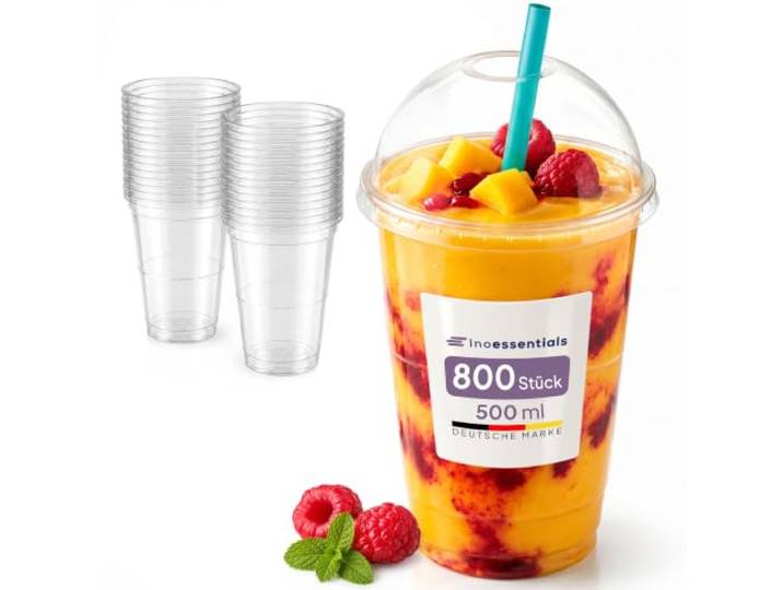 Inoverse Smoothie Becher 500 ml, 800 Stück, Bubble Tea Becher, Domdeckel Transparentes R-PET, Plastikbecher, Slush Becher, Dessertbecher, für Milkshakes, Eiskaffee und Veranstaltungen